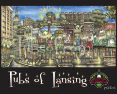 Illustration of various pubs in lansing with colorful facades under a night sky featuring fireworks, titled "pubs of lansing.