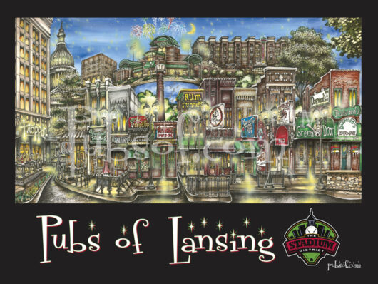 Illustration of various pubs in lansing with colorful facades under a night sky featuring fireworks, titled "pubs of lansing.