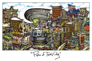 Artistic illustration of "pubsOf Twins City, MN," featuring various fictional pubs and bars in a vibrant, cartoon-style cityscape with prominent, whimsical architecture.