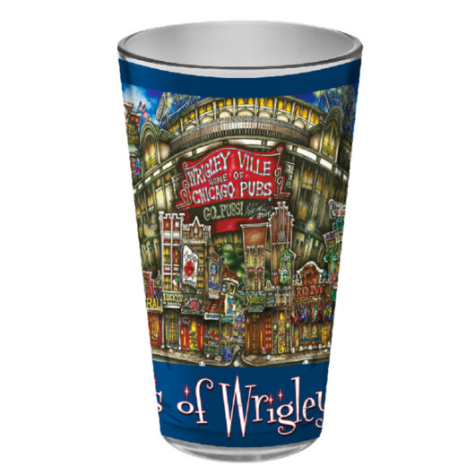 Decorative cup featuring a colorful collage of Chicago-themed imagery, prominently displaying Pubs of Wrigleyville icons and pub signs.