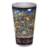 A colorful souvenir glass with "pubsOf Athens, GA" text, featuring a vibrant, detailed illustration of athens' landmarks and cityscape under a night sky.