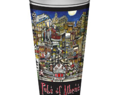 A colorful souvenir glass with "pubsOf Athens, GA" text, featuring a vibrant, detailed illustration of athens' landmarks and cityscape under a night sky.