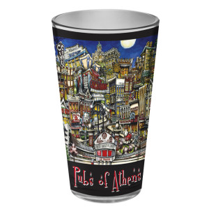 A colorful souvenir glass with "pubsOf Athens, GA" text, featuring a vibrant, detailed illustration of athens' landmarks and cityscape under a night sky.