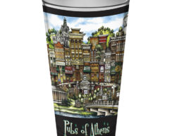 Decorative cup featuring colorful illustration of "pubs of Athens, GA" with detailed depictions of various building facades.