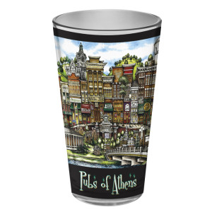 Decorative cup featuring colorful illustration of "pubs of Athens, GA" with detailed depictions of various building facades.
