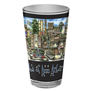 A decorative glass featuring colorful illustrations of Bloomington landmarks, with the text "pint of Bloomington" at the bottom.