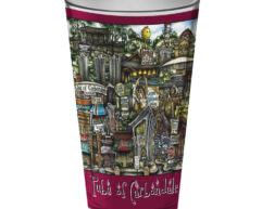 Decorative cup with vivid illustrations of "pubsOf Athens, GA," featuring intricate, colorful drawings of various buildings and street scenes.