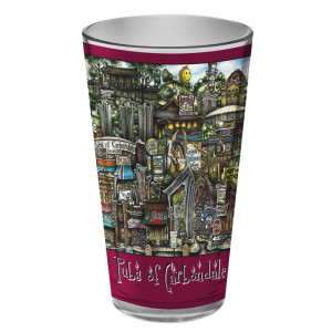 Decorative cup with vivid illustrations of "pubsOf Athens, GA," featuring intricate, colorful drawings of various buildings and street scenes.