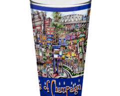 Decorative cup featuring a vibrant, detailed illustration of urban storefronts and signs, with the phrase "pubsOf Athens, GA" in bold lettering at the bottom.