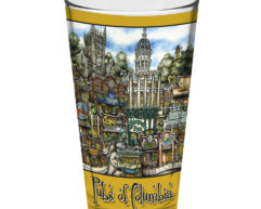 Decorative glass featuring illustrations of columbia's notable buildings and pubs with the text "pubsOf Athens, GA" at the bottom against a yellow banner.