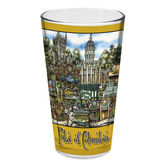 Decorative glass featuring illustrations of columbia's notable buildings and pubs with the text "pubsOf Athens, GA" at the bottom against a yellow banner.
