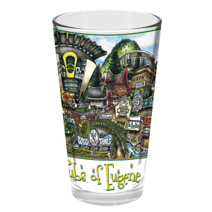 Decorative glass featuring colorful illustrations of various pubs and signs, labeled "pubsOf Athens, GA," with vibrant green and yellow accents.