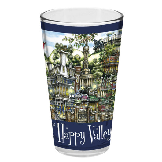 Decorative glass featuring a colorful illustration of a bustling, fictional town labeled "Happy Valley," bordered by blue stripes.