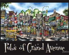 Colorful illustration of a lively street scene titled "pubs of grand avenue," featuring various bars and pubs with vibrant signs and a tram passing by.