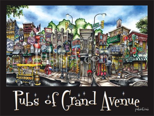 Colorful illustration of a lively street scene titled "pubs of grand avenue," featuring various bars and pubs with vibrant signs and a tram passing by.