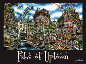 Illustration titled "pubs of uptown" featuring vibrant, whimsical depictions of various pubs and eateries along a curving street under a starry sky.