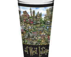 A pubsOf Athens, GA Pint Glass featuring colorful, detailed illustrations of landmarks and scenes from West Lafayette.