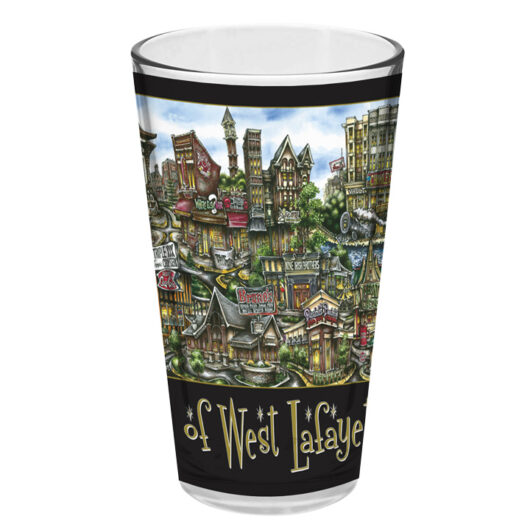 A pubsOf Athens, GA Pint Glass featuring colorful, detailed illustrations of landmarks and scenes from West Lafayette.