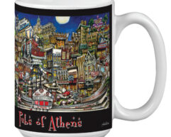 A white mug featuring a colorful, detailed illustration of various pubs in athens, labeled "pubs of athens" at the bottom.