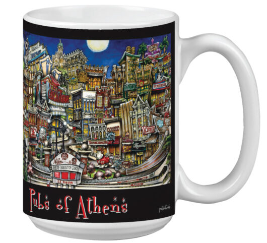 A white mug featuring a colorful, detailed illustration of various pubs in athens, labeled "pubs of athens" at the bottom.