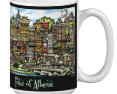 White pubsOf Athens, OH coffee cup set decorated with colorful illustrations of various pubs in Athens, titled "pubs of athens.