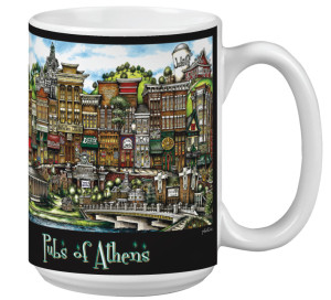 White pubsOf Athens, OH coffee cup set decorated with colorful illustrations of various pubs in Athens, titled "pubs of athens.