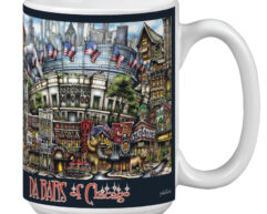 A coffee mug featuring a colorful illustration of iconic chicago landmarks and symbols, including flags, buildings, and a sports reference.