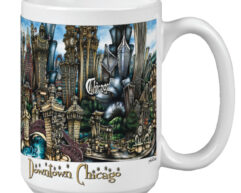 A coffee mug with an artistic depiction of downtown chicago featuring prominent skyscrapers and whimsical elements.