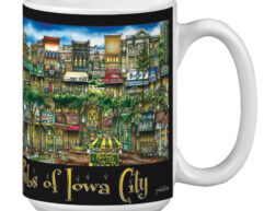 Coffee mug with a colorful illustration of "pubs of iowa city", featuring detailed drawings of various pub facades and a yellow taxi.