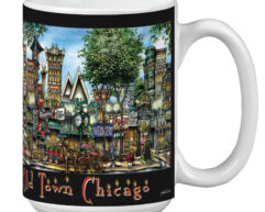 A ceramic mug with a colorful, detailed illustration of old town chicago, depicting historic buildings and bustling street scenes.