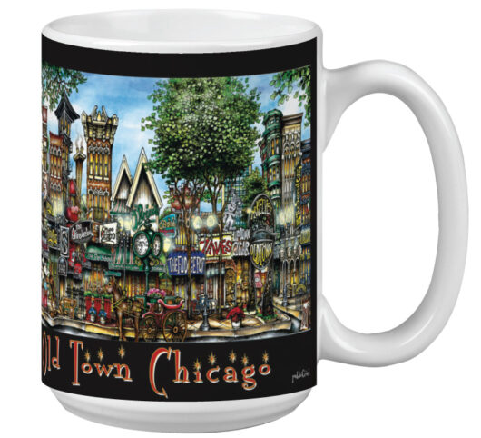 A ceramic mug with a colorful, detailed illustration of old town chicago, depicting historic buildings and bustling street scenes.