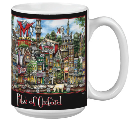 A mug illustrated with colorful drawings of "pubs of oxford," featuring detailed depictions of various iconic oxford pubs and architectural elements.