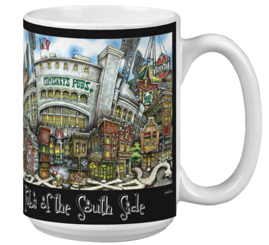 A coffee mug featuring a colorful illustration of a city's south side with various buildings and signs like "whiskey's pub" and "south side bar.