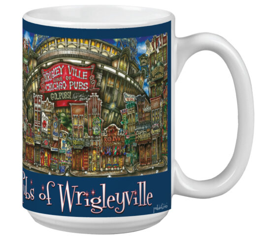 A coffee mug with a colorful illustration of various pubs in wrigleyville, chicago, surrounding the text "pubs of wrigleyville.