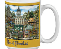 A colorful mug featuring a lively illustration of various pubs in columbia, with intricate details and prominent architectural elements.