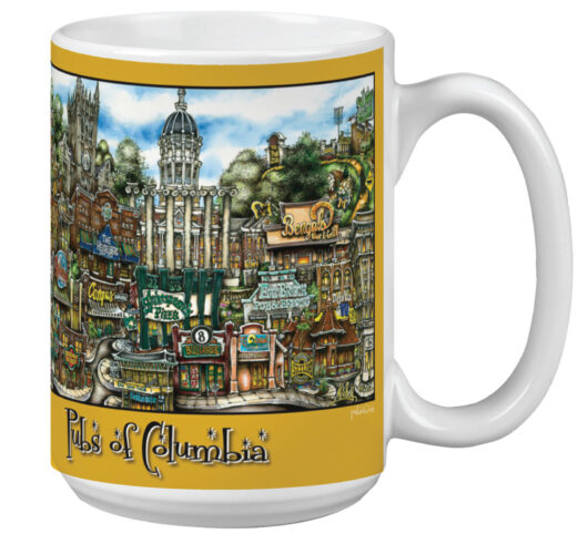 A colorful mug featuring a lively illustration of various pubs in columbia, with intricate details and prominent architectural elements.