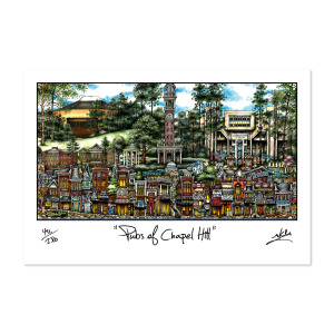 Illustration titled "pubsOf Chapel Hill, NC," depicting vibrant, detailed scenes of urban life with prominent buildings and colorful storefronts.