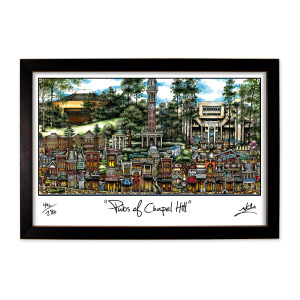 Framed artwork titled "pubsOf Chapel Hill, NC" depicting a colorful, detailed illustration of various pubs and buildings with unique architecture, signed by the artist.