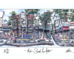 Colorful illustration of Main Street Ann Arbor, MI, featuring detailed, quaint shopfronts and bustling street activity.