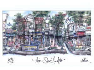 Colorful illustration of Main Street Ann Arbor, MI, featuring detailed, quaint shopfronts and bustling street activity.