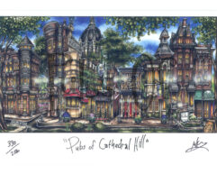 Illustration titled "pubs of cathedral hill" depicting a stylized street scene with various charming and ornate pub buildings in vibrant colors, signed by the artist.