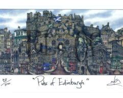 Illustration titled "pubs of edinburgh," depicting a whimsical, dense array of edinburgh's historic buildings and pubs, with a scottish flag flying atop.