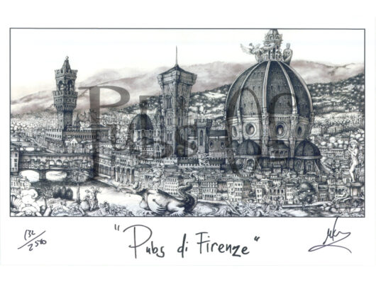 Detailed black and white sketch of florence skyline, featuring major landmarks like the duomo and palazzo vecchio, signed and labeled "pubs di firenze.