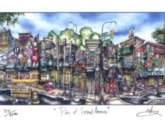 Colorful illustration titled "pubs of grand avenue," featuring a vibrant streetscape with various pub signs and lively architectural details.