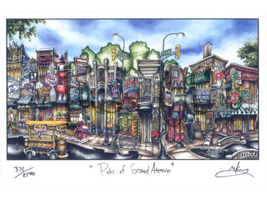 Colorful illustration titled "pubs of grand avenue," featuring a vibrant streetscape with various pub signs and lively architectural details.
