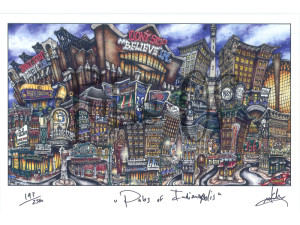 Colorful and detailed illustration of a vibrant Indianapolis cityscape titled "pubsOf Indianapolis," featuring neon signs and diverse architectural styles.