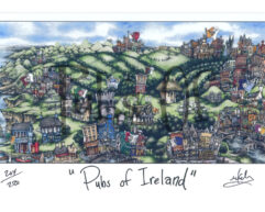 Colorful illustration titled "pubs of ireland" depicting a whimsical landscape filled with various unique and stylized pubs, rolling hills, and a hot air balloon in the sky.