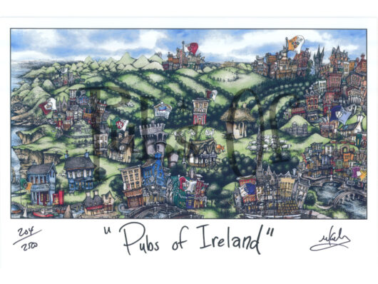 Colorful illustration titled "pubs of ireland" depicting a whimsical landscape filled with various unique and stylized pubs, rolling hills, and a hot air balloon in the sky.