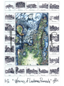 Artistic map of the Wineries of Leelenau Peninsula, MI featuring stylized illustrations of various wineries and landmarks around a central, detailed geographic map.