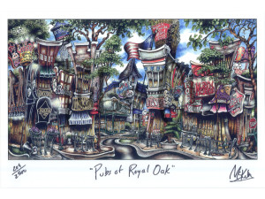 Artistic depiction of various whimsical, cartoonish pubs and bars with lively colors and elaborate designs, titled "pubsOf Royal Oak, MI.